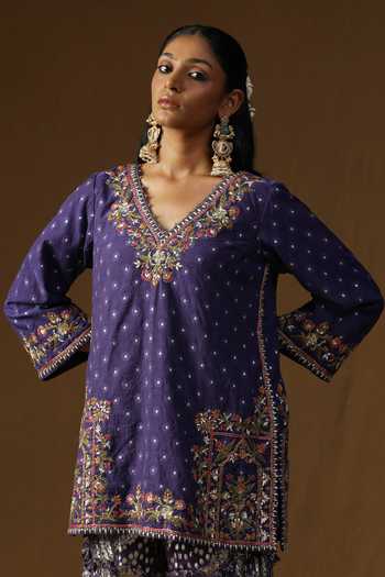 Shop_Arpita Sulakshana_Purple Georgette, Lurex, Crepe Noorika Neel Kusum Embroidered Sharara Set _Online_at_Aza_Fashions