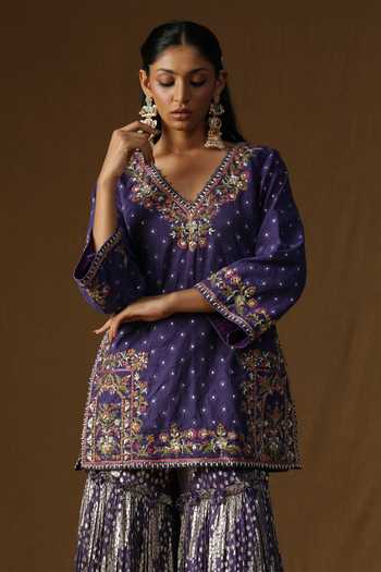 Arpita Sulakshana_Purple Georgette, Lurex, Crepe Noorika Neel Kusum Embroidered Sharara Set _at_Aza_Fashions