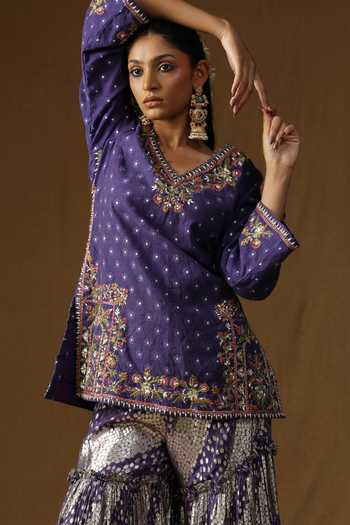 Buy_Arpita Sulakshana_Purple Georgette, Lurex, Crepe Noorika Neel Kusum Embroidered Sharara Set 