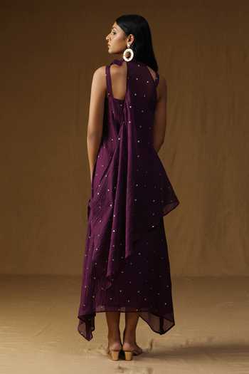 Shop_Arpita Sulakshana_Purple Chanderi Halter Neck Vishakha Jamuni Alankrit Dress _at_Aza_Fashions