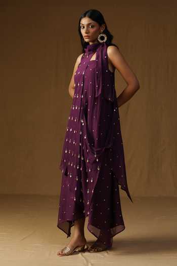 Arpita Sulakshana_Purple Chanderi Halter Neck Vishakha Jamuni Alankrit Dress _Online_at_Aza_Fashions