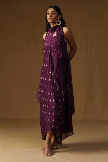 Buy_Arpita Sulakshana_Purple Chanderi Halter Neck Vishakha Jamuni Alankrit Dress _Online_at_Aza_Fashions