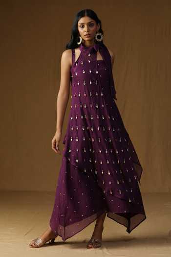 Shop_Arpita Sulakshana_Purple Chanderi Halter Neck Vishakha Jamuni Alankrit Dress _Online_at_Aza_Fashions