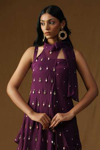 Arpita Sulakshana_Purple Chanderi Halter Neck Vishakha Jamuni Alankrit Dress _at_Aza_Fashions