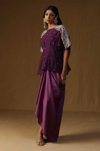 Arpita Sulakshana_Purple Chanderi Boat Neck Indulekha Noor Neel Top And Skirt Set _Online_at_Aza_Fashions