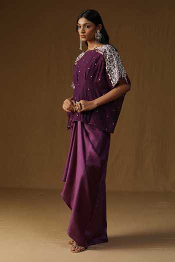 Buy_Arpita Sulakshana_Purple Chanderi Boat Neck Indulekha Noor Neel Top And Skirt Set _Online_at_Aza_Fashions
