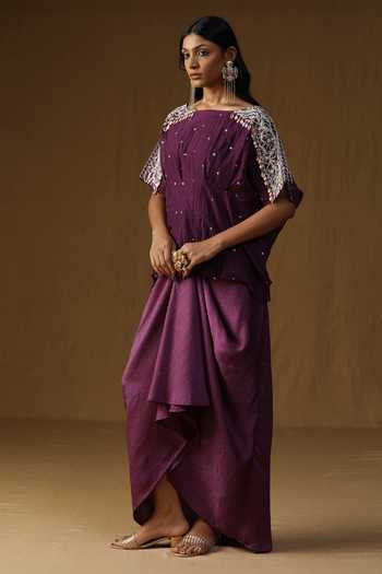 Shop_Arpita Sulakshana_Purple Chanderi Boat Neck Indulekha Noor Neel Top And Skirt Set _at_Aza_Fashions