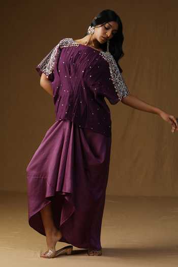Shop_Arpita Sulakshana_Purple Chanderi Boat Neck Indulekha Noor Neel Top And Skirt Set _Online_at_Aza_Fashions