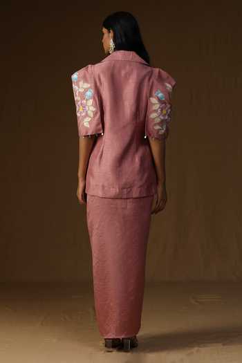 Shop_Arpita Sulakshana_Pink Silk, Crepe V-neck Chandrika Komal Gulabi Shirt And Skirt Set _at_Aza_Fashions