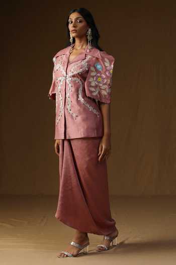 Arpita Sulakshana_Pink Silk, Crepe V-neck Chandrika Komal Gulabi Shirt And Skirt Set _Online_at_Aza_Fashions
