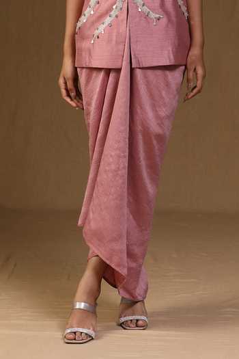 Buy_Arpita Sulakshana_Pink Silk, Crepe V-neck Chandrika Komal Gulabi Shirt And Skirt Set _Online_at_Aza_Fashions