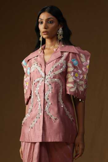 Shop_Arpita Sulakshana_Pink Silk, Crepe V-neck Chandrika Komal Gulabi Shirt And Skirt Set _Online_at_Aza_Fashions