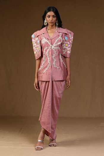 Buy_Arpita Sulakshana_Pink Silk, Crepe V-neck Chandrika Komal Gulabi Shirt And Skirt Set _at_Aza_Fashions