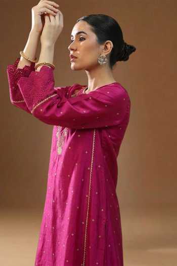 Shop_Arpita Sulakshana_Pink Chanderi, Silk V-neck, Yes Sakhi Noor Gulabi Kurta And Pant Set _at_Aza_Fashions