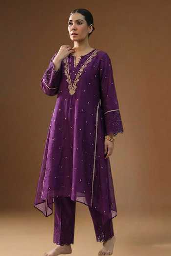 Buy_Arpita Sulakshana_Purple Chanderi, Silk V-neck Sakhi Noor Neel Kurta And Pant Set _at_Aza_Fashions