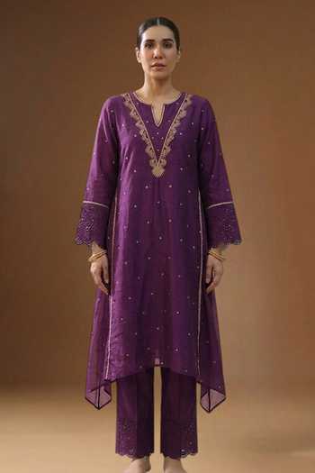 Shop_Arpita Sulakshana_Purple Chanderi, Silk V-neck Sakhi Noor Neel Kurta And Pant Set _at_Aza_Fashions