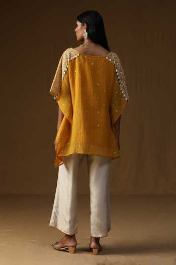 Shop_Arpita Sulakshana_Yellow Chanderi Boat Neck, Yes Noorika Sunehri Kurta And Pant Set _at_Aza_Fashions