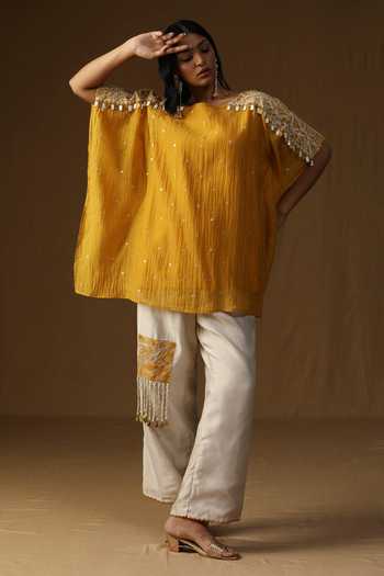Arpita Sulakshana_Yellow Chanderi Boat Neck, Yes Noorika Sunehri Kurta And Pant Set _Online_at_Aza_Fashions