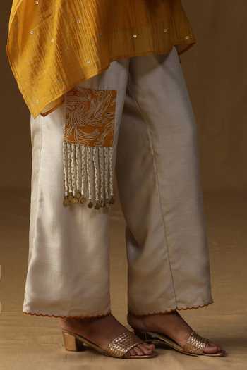 Shop_Arpita Sulakshana_Yellow Chanderi Boat Neck, Yes Noorika Sunehri Kurta And Pant Set _Online_at_Aza_Fashions
