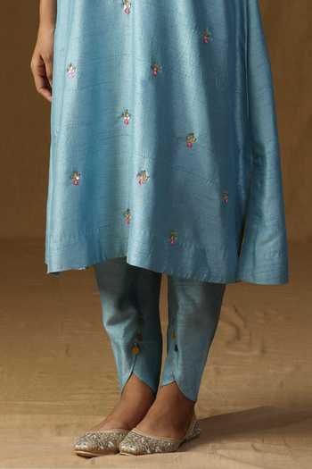 Arpita Sulakshana_Blue Silk Mandarin Collar, Yes Chitra Komal Firozi Embroidered Kurta Set _Online_at_Aza_Fashions