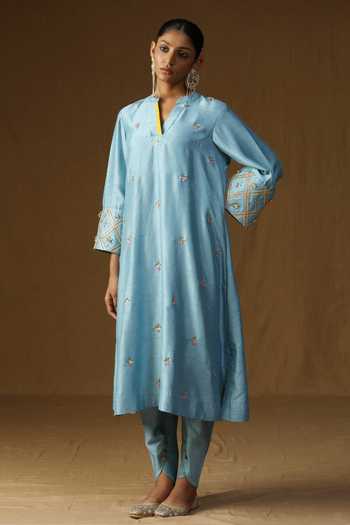 Buy_Arpita Sulakshana_Blue Silk Mandarin Collar, Yes Chitra Komal Firozi Embroidered Kurta Set _Online_at_Aza_Fashions