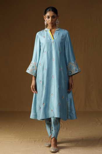 Shop_Arpita Sulakshana_Blue Silk Mandarin Collar, Yes Chitra Komal Firozi Embroidered Kurta Set _at_Aza_Fashions