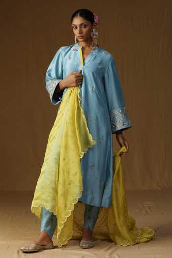 Shop_Arpita Sulakshana_Blue Silk Mandarin Collar, Yes Chitra Komal Firozi Embroidered Kurta Set _Online_at_Aza_Fashions
