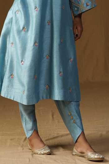 Arpita Sulakshana_Blue Silk Mandarin Collar, Yes Chitra Komal Firozi Embroidered Kurta Set _at_Aza_Fashions