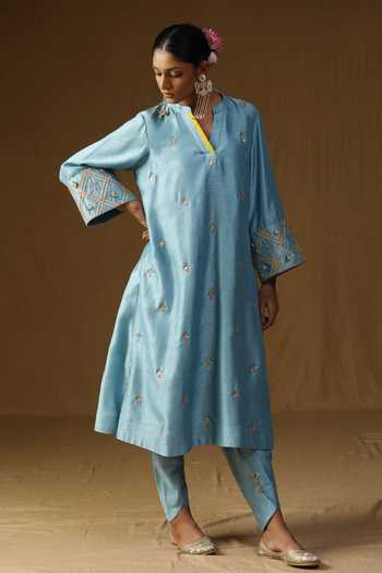 Buy_Arpita Sulakshana_Blue Silk Mandarin Collar, Yes Chitra Komal Firozi Embroidered Kurta Set 