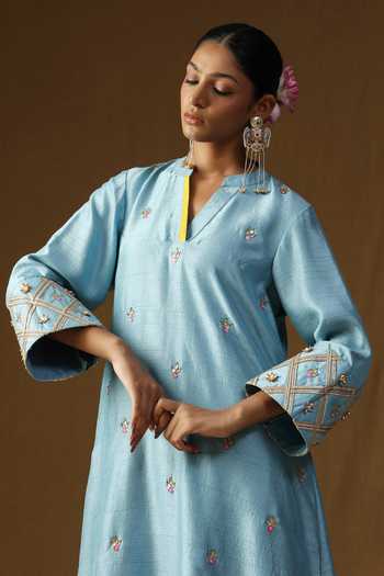 Shop_Arpita Sulakshana_Blue Silk Mandarin Collar, Yes Chitra Komal Firozi Embroidered Kurta Set 