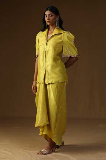 Arpita Sulakshana_Yellow Silk Collared Neck Rangadevi Lime Shirt And Draped Skirt Set _Online_at_Aza_Fashions