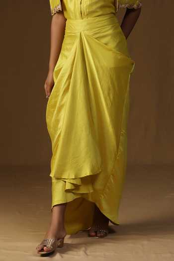 Buy_Arpita Sulakshana_Yellow Silk Collared Neck Rangadevi Lime Shirt And Draped Skirt Set _Online_at_Aza_Fashions