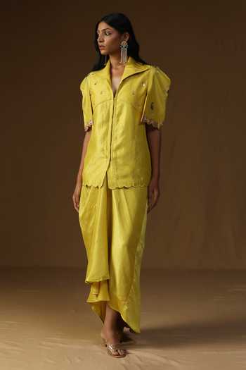 Shop_Arpita Sulakshana_Yellow Silk Collared Neck Rangadevi Lime Shirt And Draped Skirt Set _Online_at_Aza_Fashions