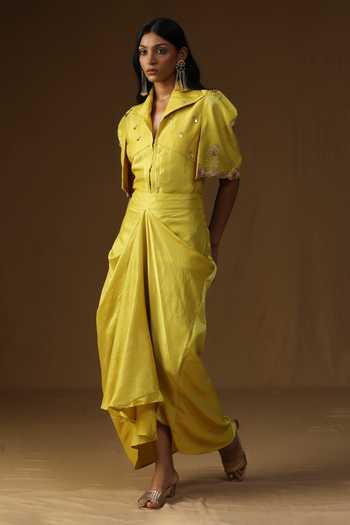 Arpita Sulakshana_Yellow Silk Collared Neck Rangadevi Lime Shirt And Draped Skirt Set _at_Aza_Fashions