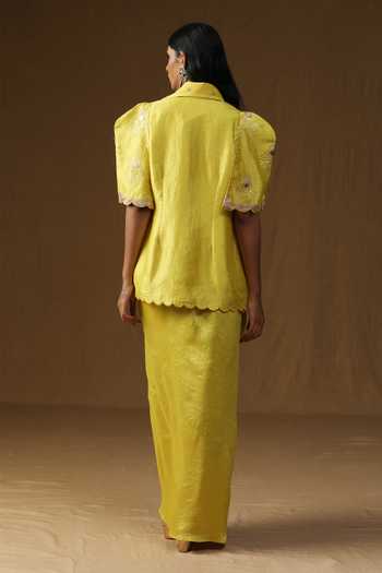 Shop_Arpita Sulakshana_Yellow Silk Collared Neck Rangadevi Lime Shirt And Draped Skirt Set _at_Aza_Fashions