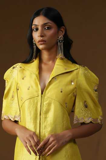 Buy_Arpita Sulakshana_Yellow Silk Collared Neck Rangadevi Lime Shirt And Draped Skirt Set 