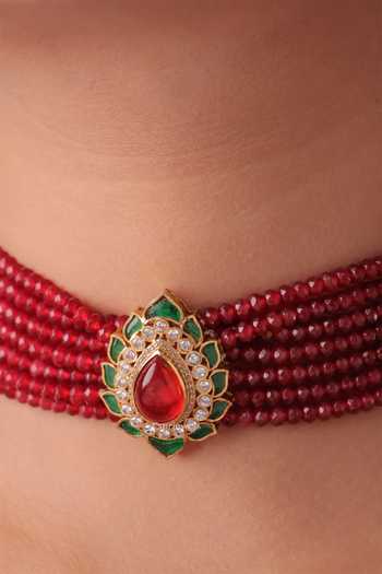 Shop_MRJEWELS_Red Taarini Kundan Meenakari Choker Set _at_Aza_Fashions
