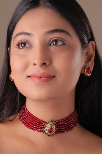 Buy_MRJEWELS_Red Taarini Kundan Meenakari Choker Set _at_Aza_Fashions