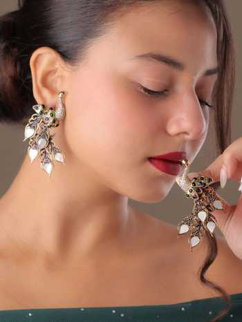Buy_MRJEWELS_Multi Color Peacock Pearl Embellished Earrings _at_Aza_Fashions