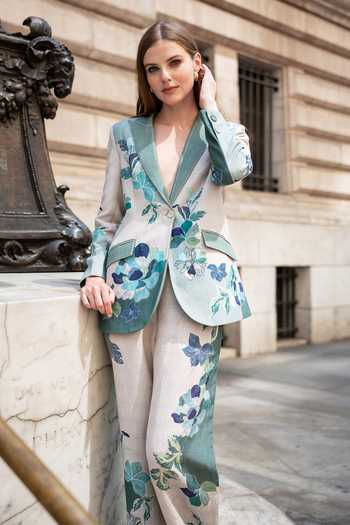 Buy_Ranna Gill_Multi Color Linen, Viscose Open Neck Rae Knotch Collar Jacket And Pant Set _Online_at_Aza_Fashions