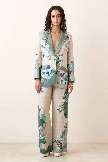 Buy_Ranna Gill_Multi Color Linen, Viscose Open Neck Rae Knotch Collar Jacket And Pant Set _at_Aza_Fashions