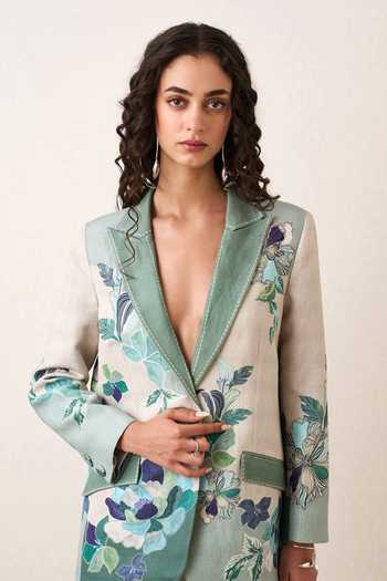 Ranna Gill_Multi Color Linen, Viscose Open Neck Rae Knotch Collar Jacket And Pant Set _at_Aza_Fashions