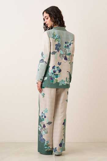 Ranna Gill_Multi Color Linen, Viscose Open Neck Rae Knotch Collar Jacket And Pant Set _Online_at_Aza_Fashions