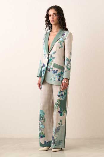 Buy_Ranna Gill_Multi Color Linen, Viscose Open Neck Rae Knotch Collar Jacket And Pant Set 