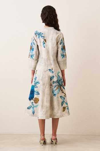 Ranna Gill_Multi Color Denim V-neck Orli Panelled Midi Dress _Online_at_Aza_Fashions