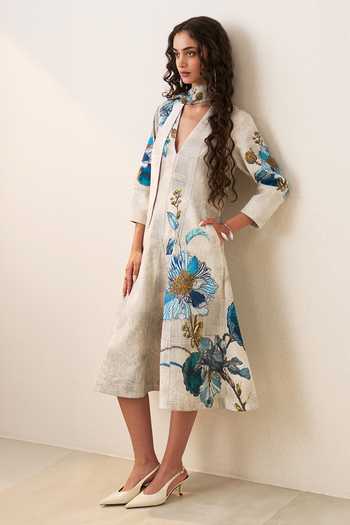 Buy_Ranna Gill_Multi Color Denim V-neck Orli Panelled Midi Dress _Online_at_Aza_Fashions