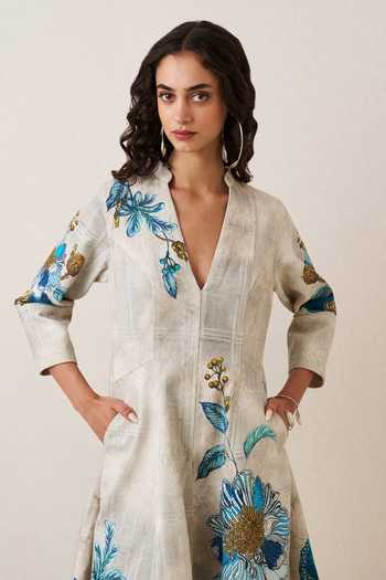 Shop_Ranna Gill_Multi Color Denim V-neck Orli Panelled Midi Dress _Online_at_Aza_Fashions