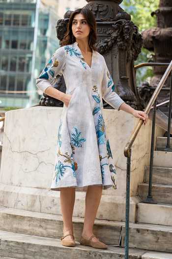 Ranna Gill_Multi Color Denim V-neck Orli Panelled Midi Dress _at_Aza_Fashions