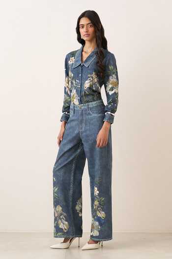 Buy_Ranna Gill_Blue Tencel, Twill Collared Neck Abby Flower Print Shirt And Pant Set _Online_at_Aza_Fashions