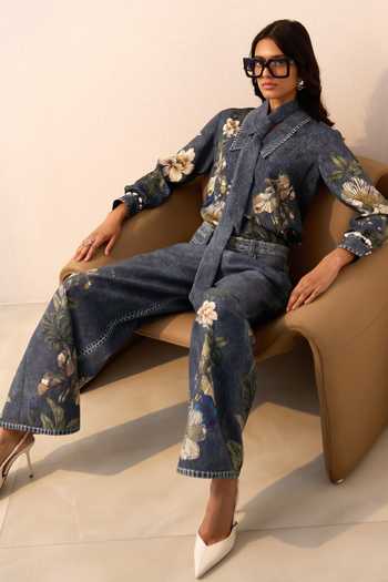 Shop_Ranna Gill_Blue Tencel, Twill Collared Neck Abby Flower Print Shirt And Pant Set _Online_at_Aza_Fashions